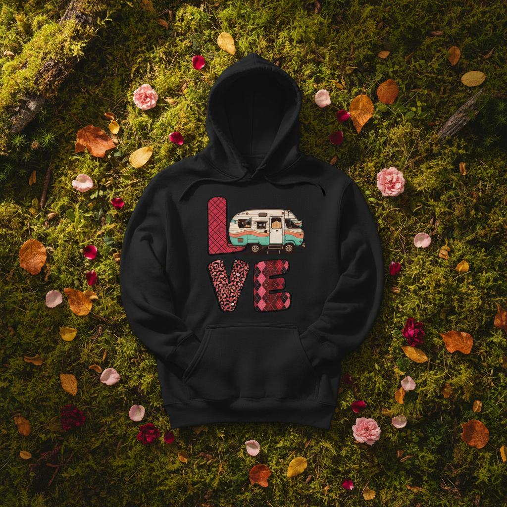 Black hoodie with 'LOVE' design from the Love Collection on a grassy background with flowers and leaves