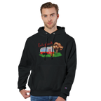 Man wearing a black hoodie with a Love Shack graphic design on a white background