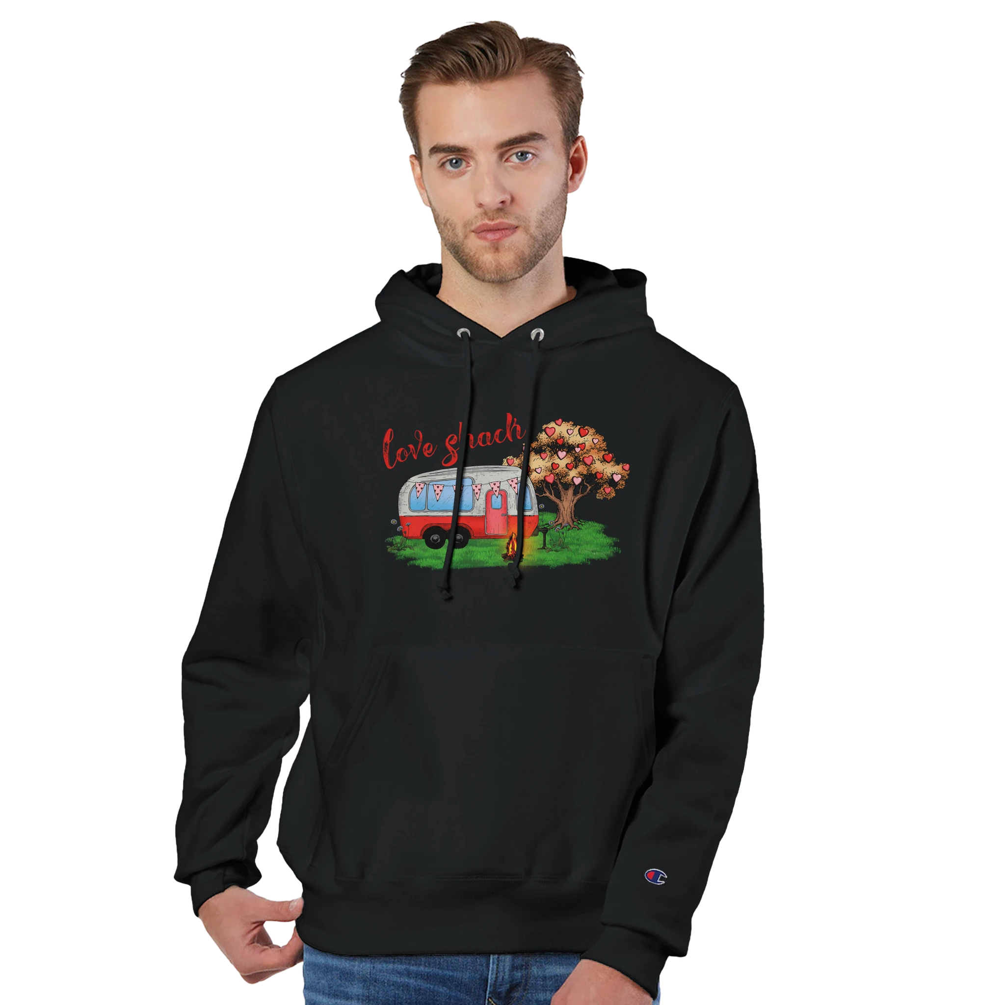 Man wearing a black hoodie with a Love Shack graphic design on a white background