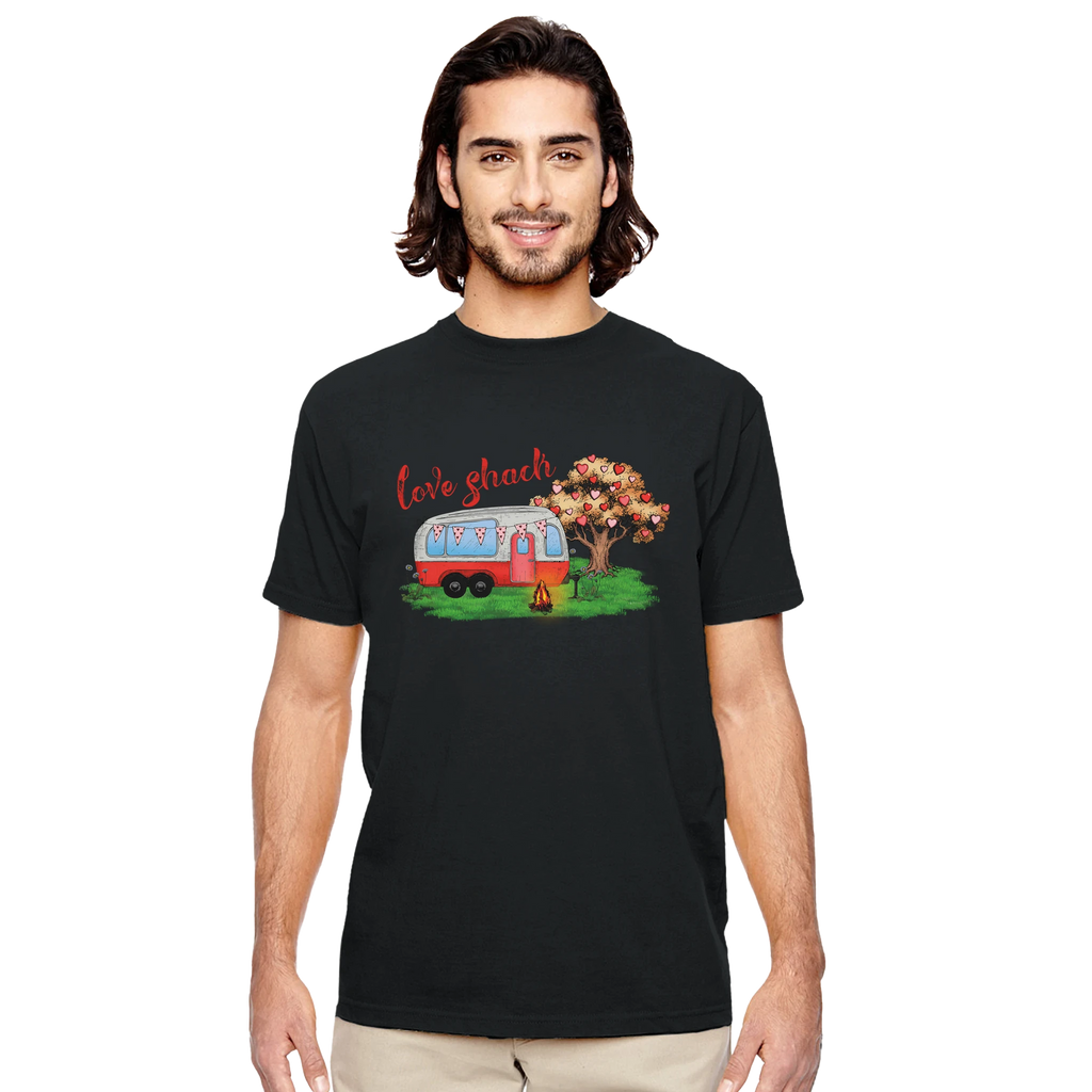 Man wearing a black t-shirt from the Love Collection with a graphic design of a love shack and tree.