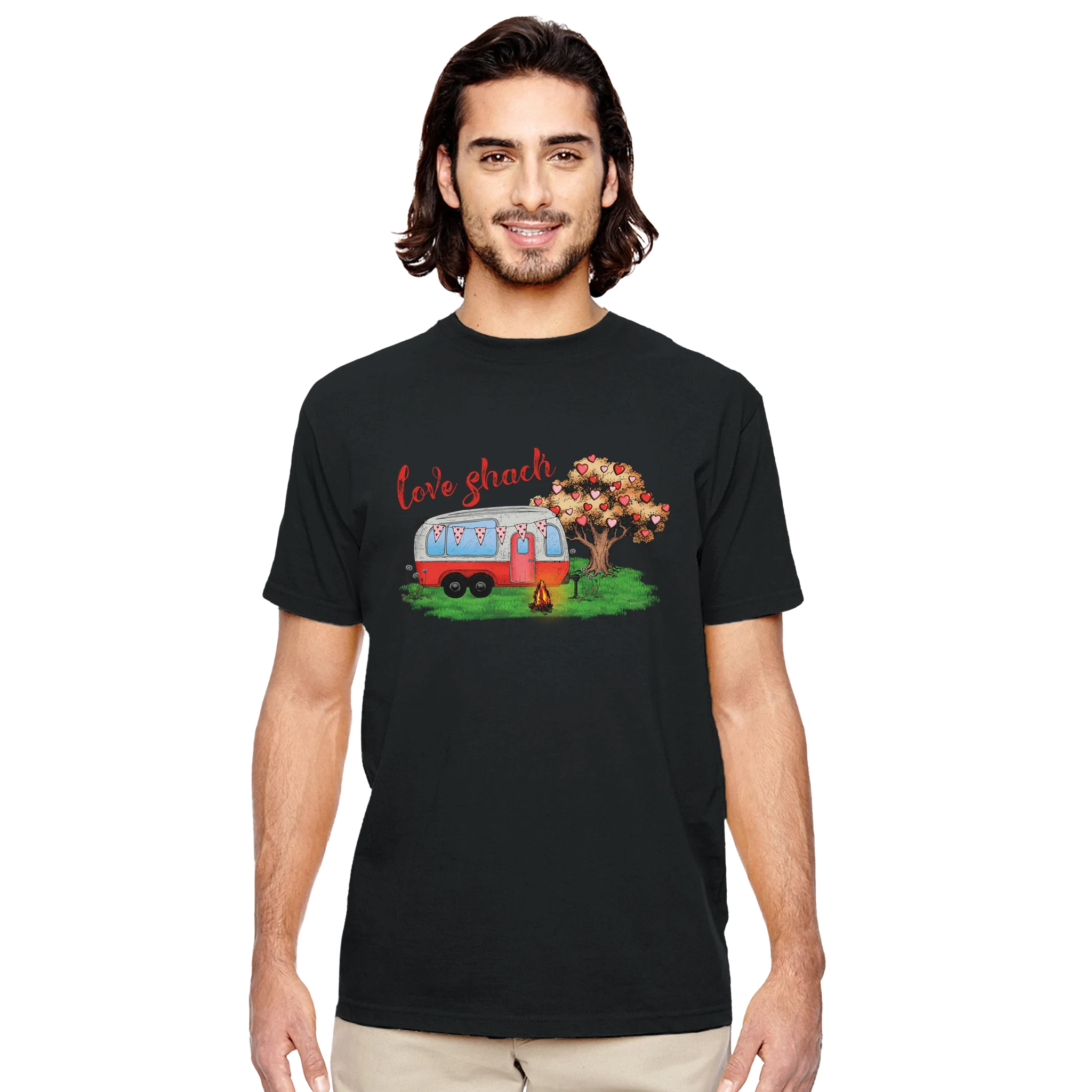 Man wearing a black t-shirt from the Love Collection with a graphic design of a love shack and tree.
