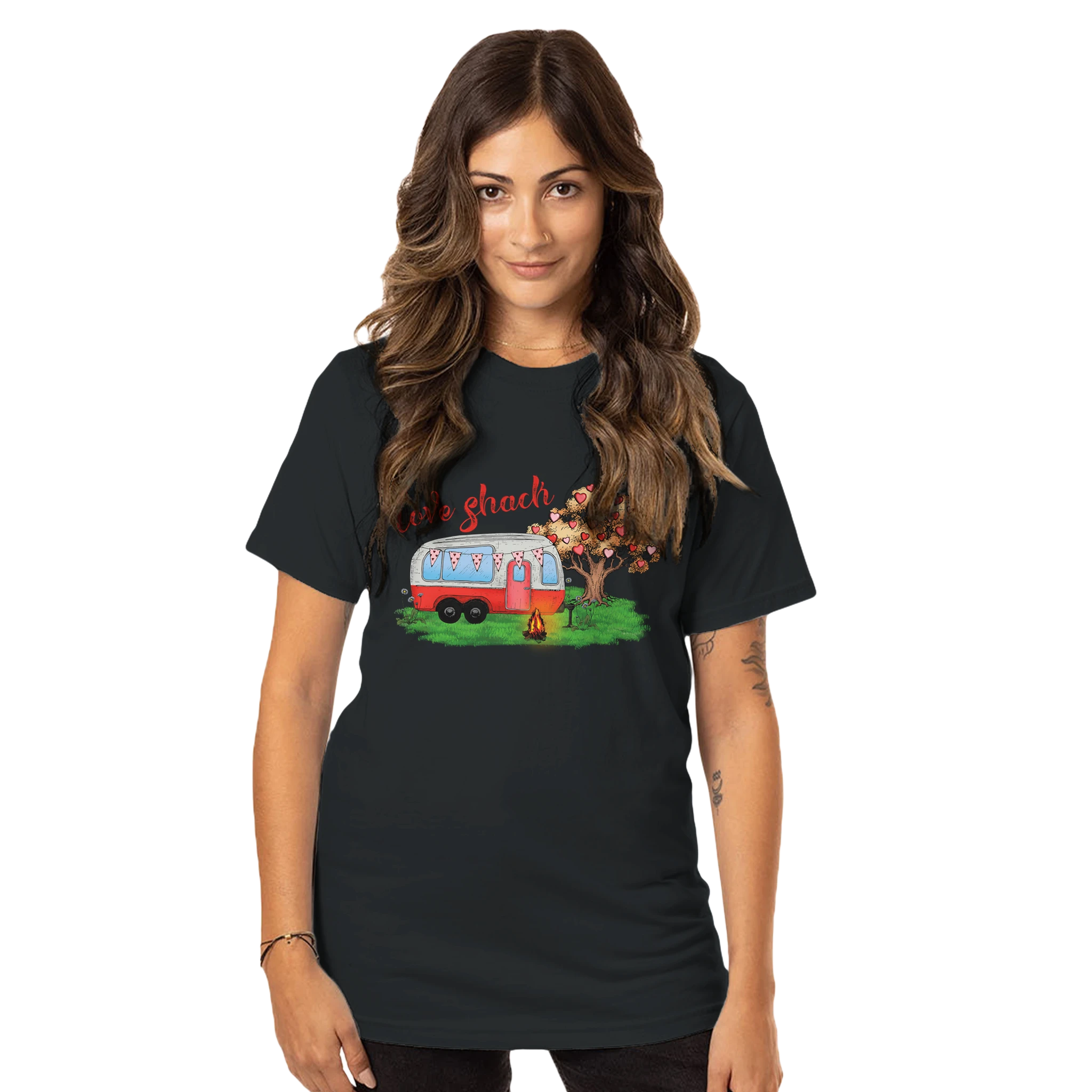Woman wearing a black t-shirt from the Love Collection with a graphic design of a trailer and text.
