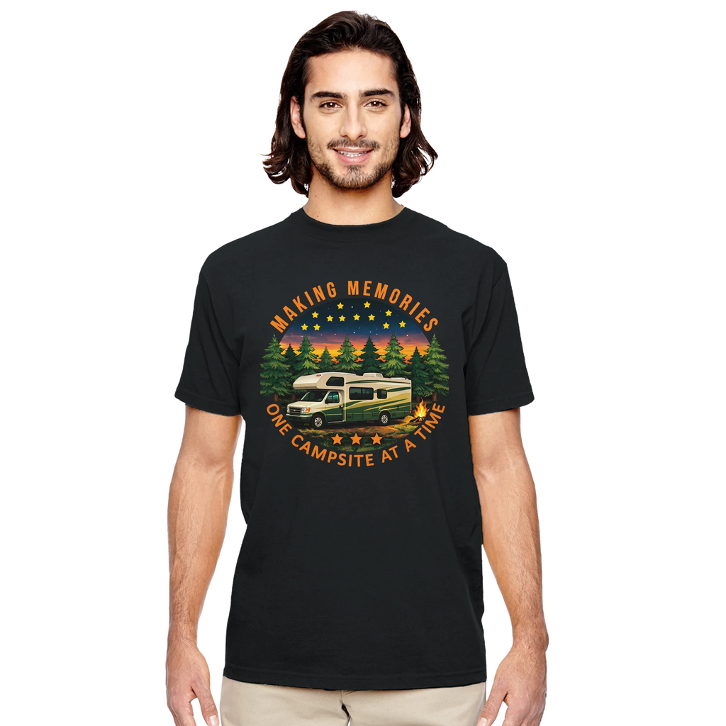 Man wearing a black t-shirt with a camping graphic and text on a white background