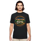 Man wearing a black t-shirt with a camping graphic and text on a white background