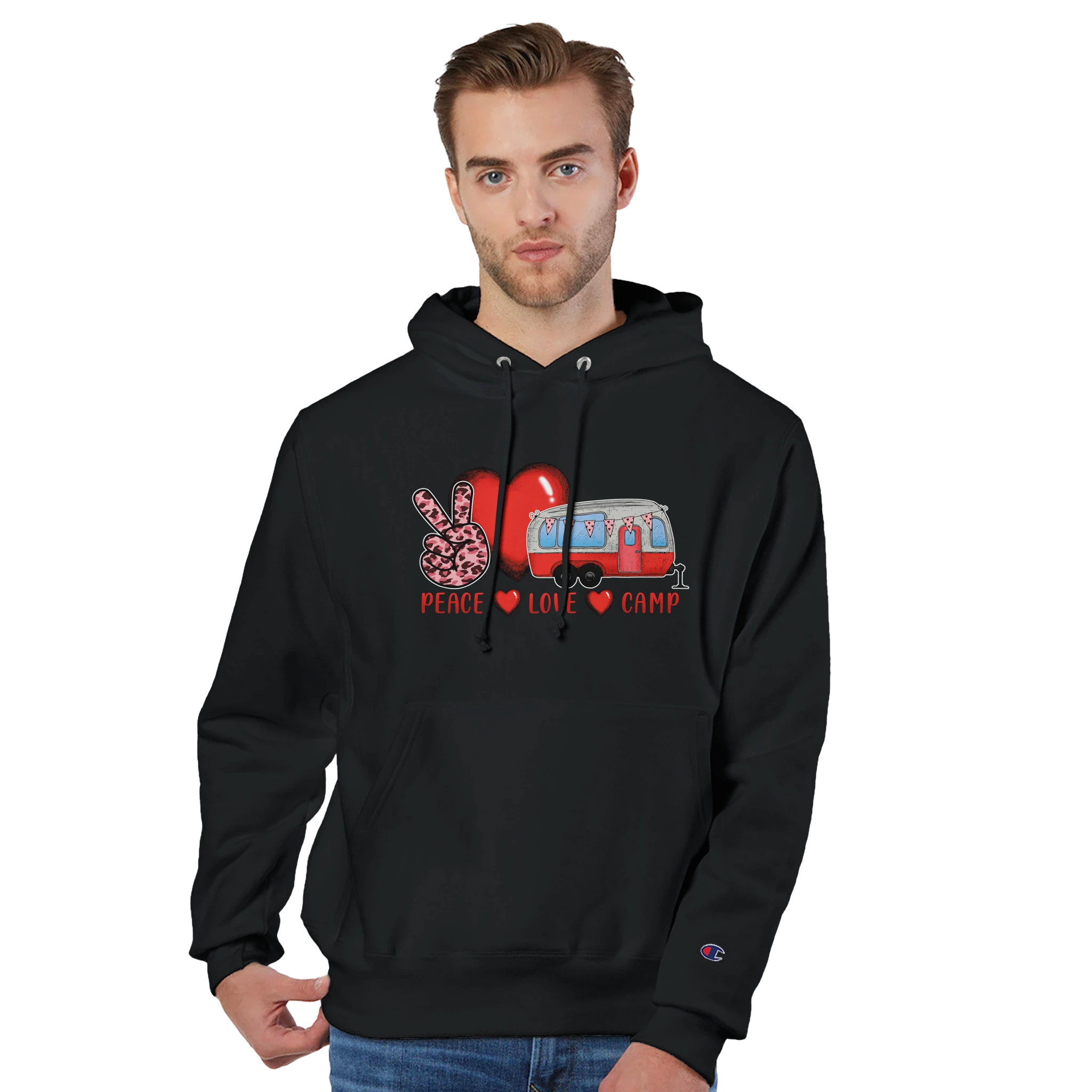 Man wearing a black hoodie from the Love Collection with a graphic design on a white background