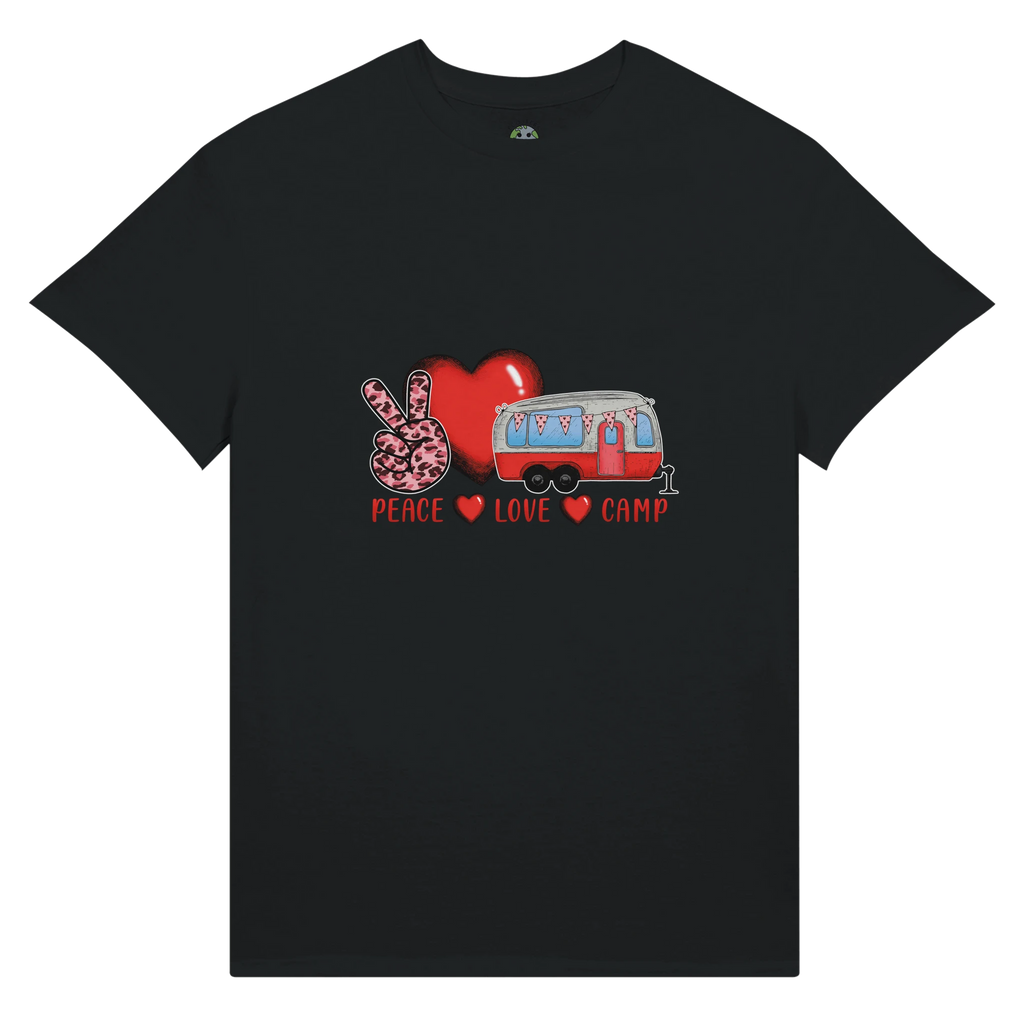 Black t-shirt with a graphic of a camper, peace sign, and hearts from the Love Collection on a white background