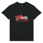 Black t-shirt with a graphic of a camper, peace sign, and hearts from the Love Collection on a white background