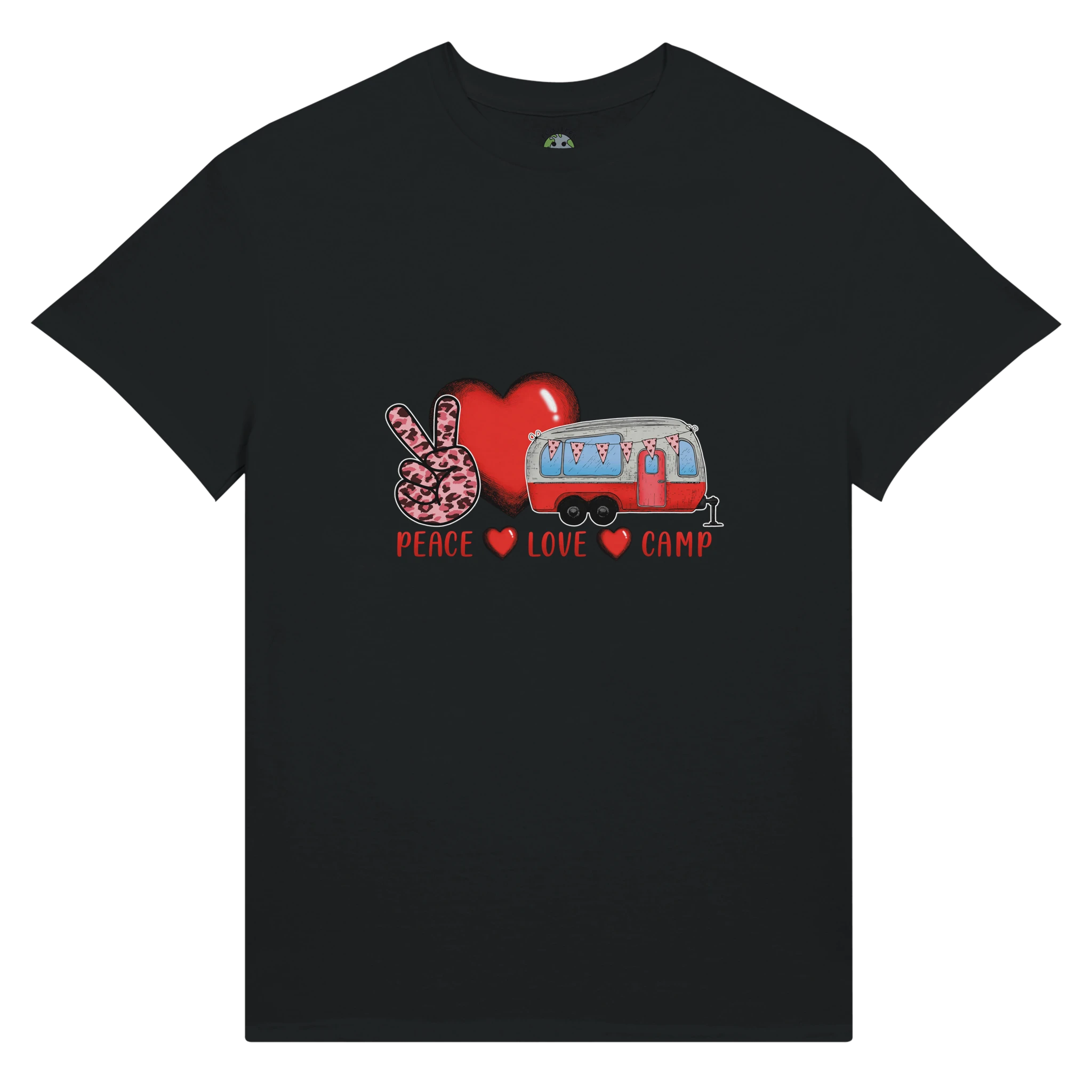 Black t-shirt with a graphic of a camper, peace sign, and hearts from the Love Collection on a white background