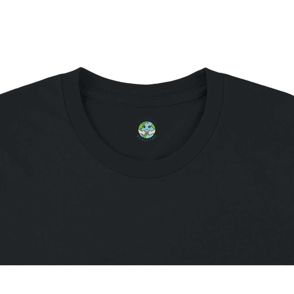 Black t-shirt with a small logo on the inside collar against a white background