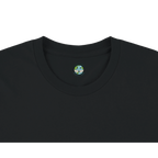 Black t-shirt with a small logo on the inside collar against a white background
