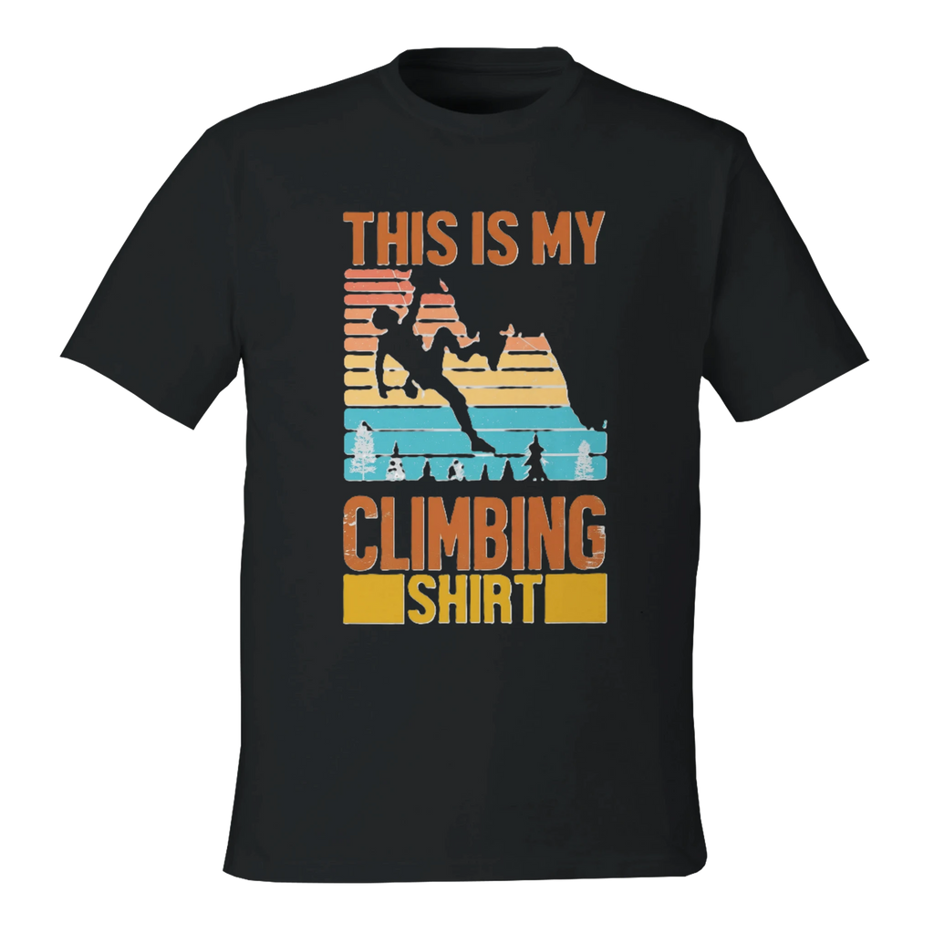 Black t-shirt with climbing graphic and text on a white background
