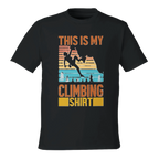 Black t-shirt with climbing graphic and text on a white background