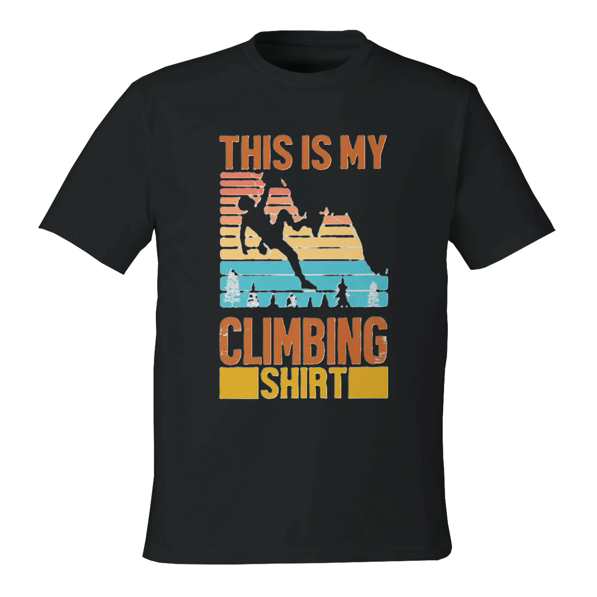 Black t-shirt with climbing graphic and text on a white background