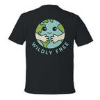 Black t-shirt with a graphic of a smiling Earth and 'Wildly Free' text on the back.