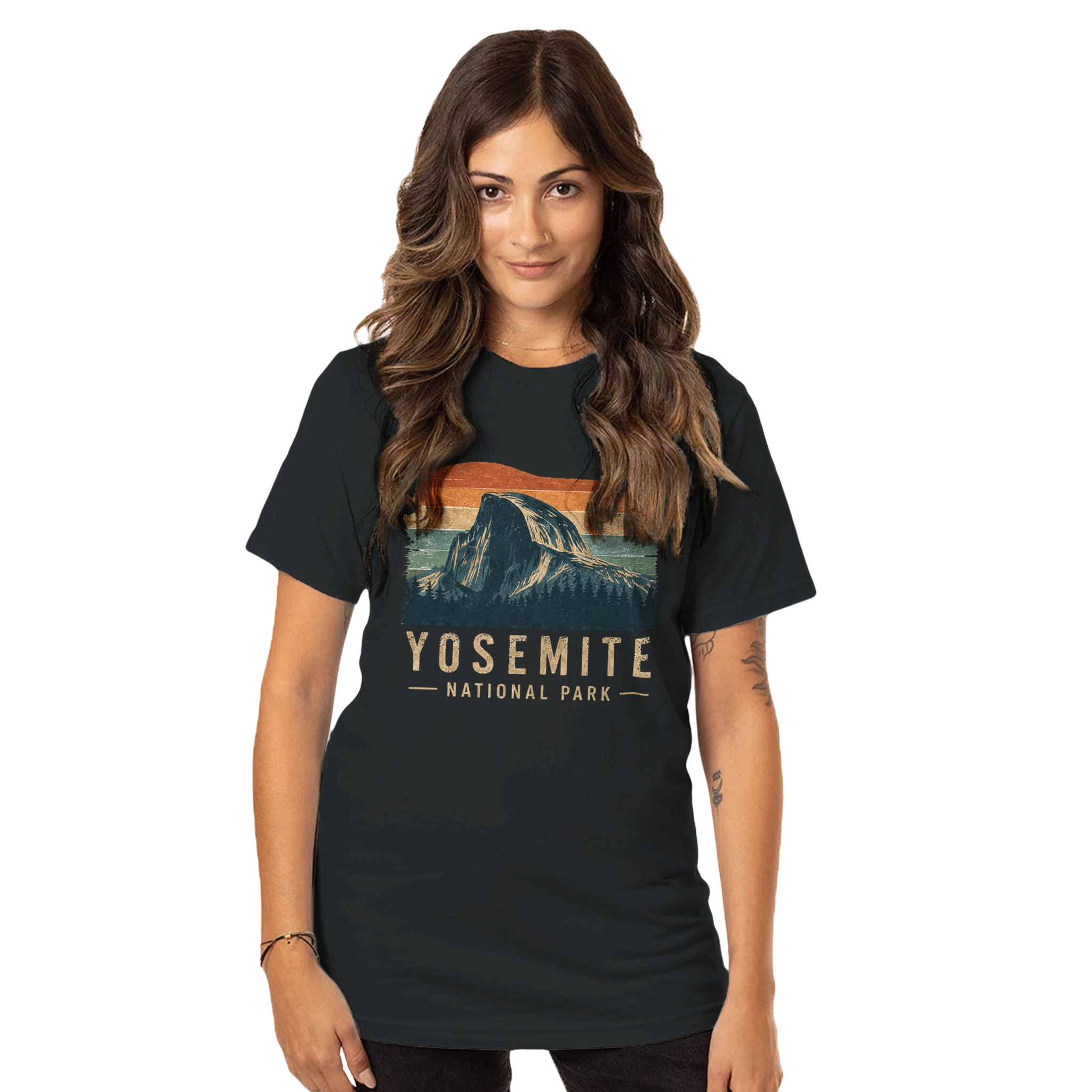 Woman in a black t-shirt with  Yosemite National Park graphic on a black background