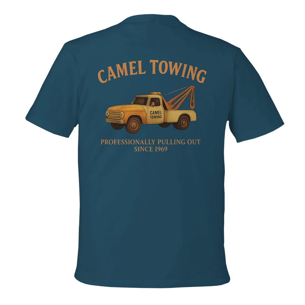 Blue t-shirt with a graphic of a yellow tow truck and text on the back, on a white background.