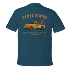 Blue t-shirt with a graphic of a yellow tow truck and text on the back, on a white background.
