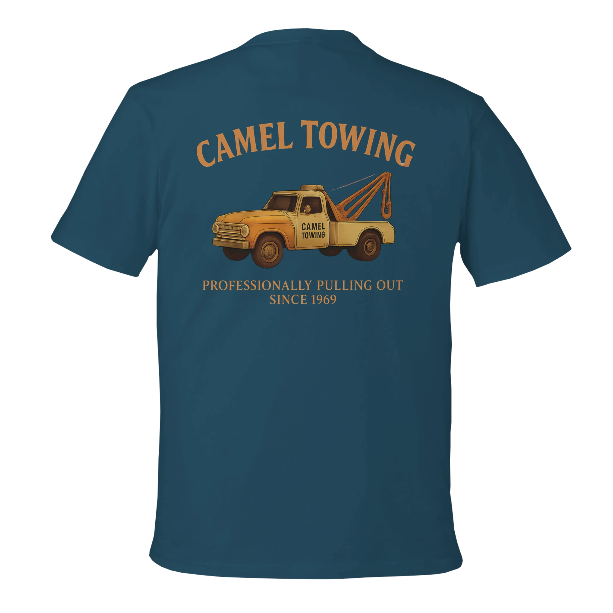 Blue t-shirt with a graphic of a yellow tow truck and text on the back, on a white background.