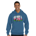 Man wearing a blue hoodie with a graphic design on a white background