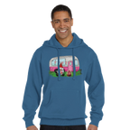 Man wearing a blue hoodie with a graphic design on a white background