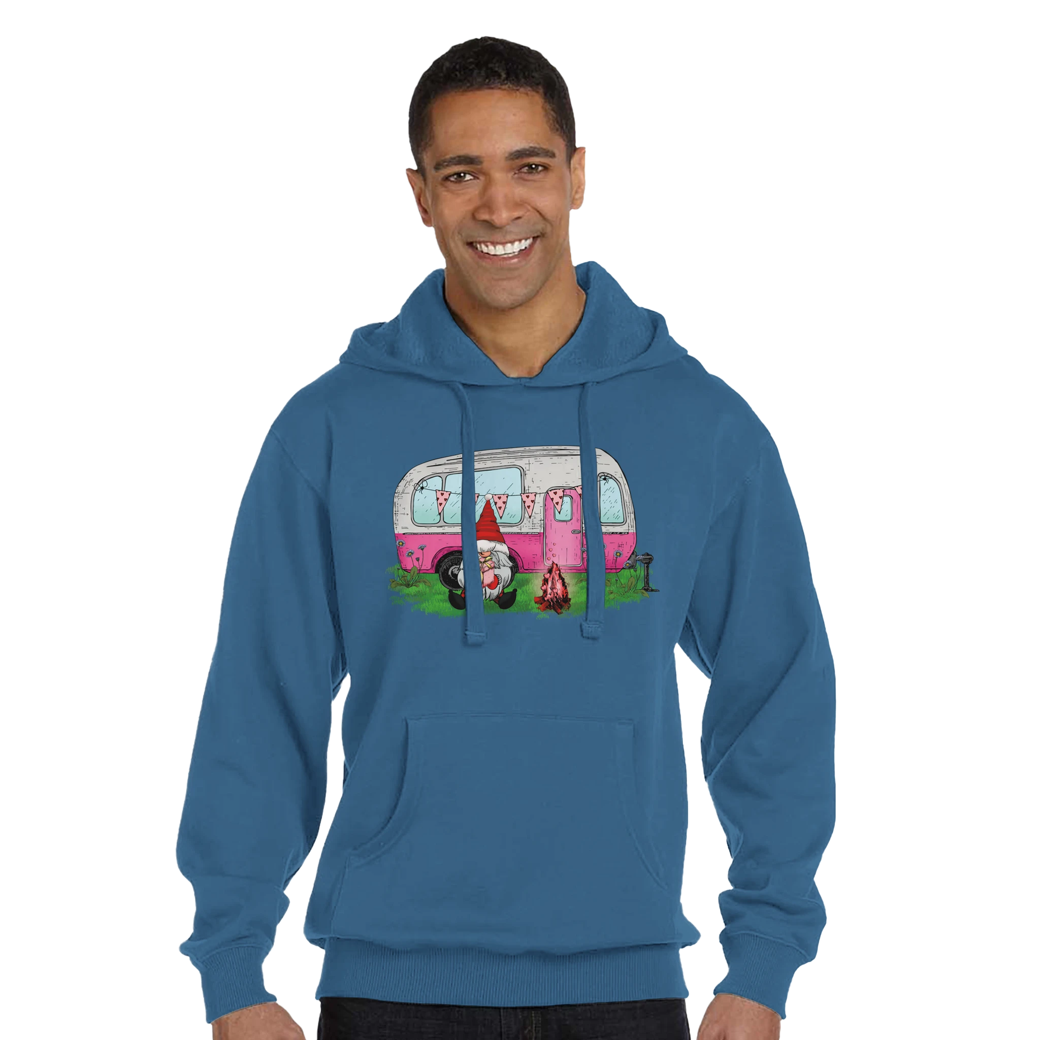Man wearing a blue hoodie with a graphic design on a white background