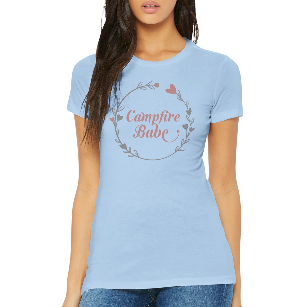 Light blue t-shirt with 'Campfire Babe' design worn by a person on a white background