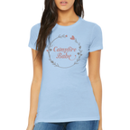 Light blue t-shirt with 'Campfire Babe' design worn by a person on a white background