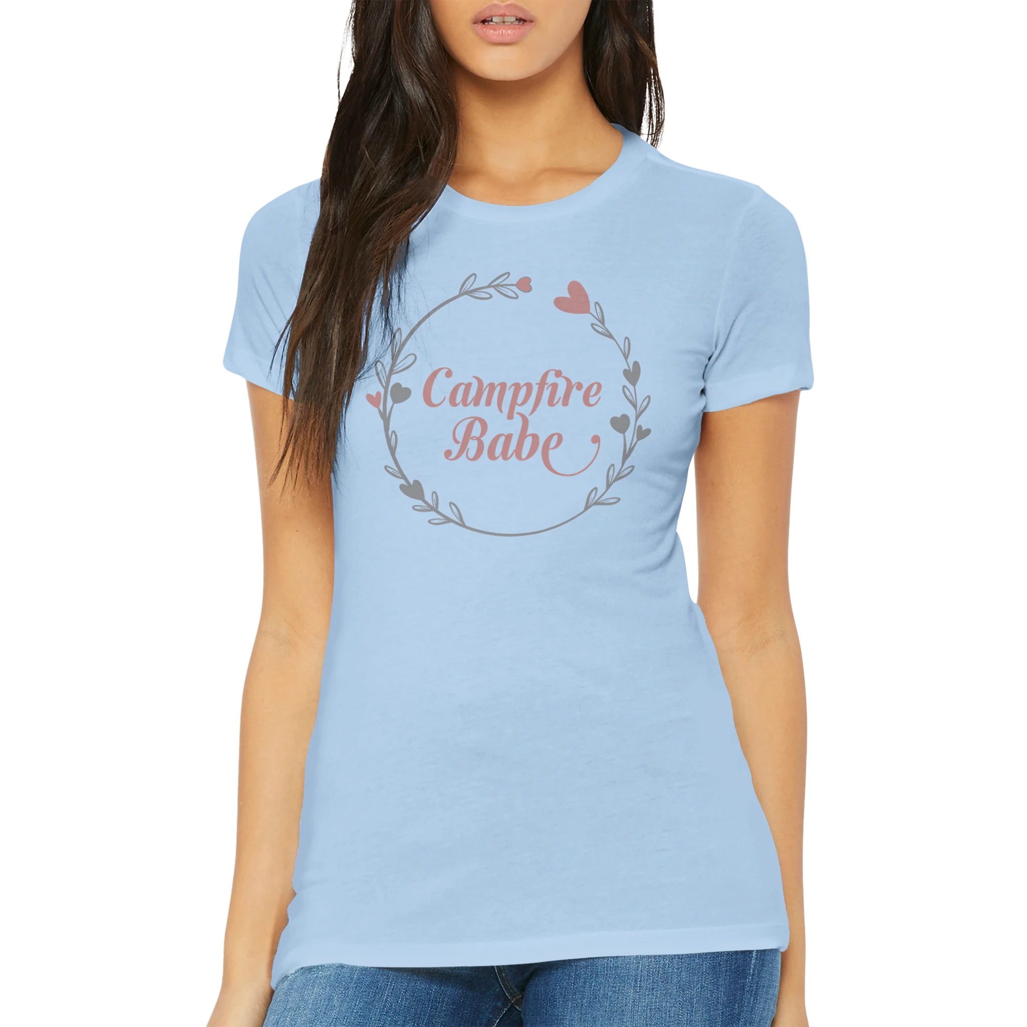 Light blue t-shirt with 'Campfire Babe' design worn by a person on a white background