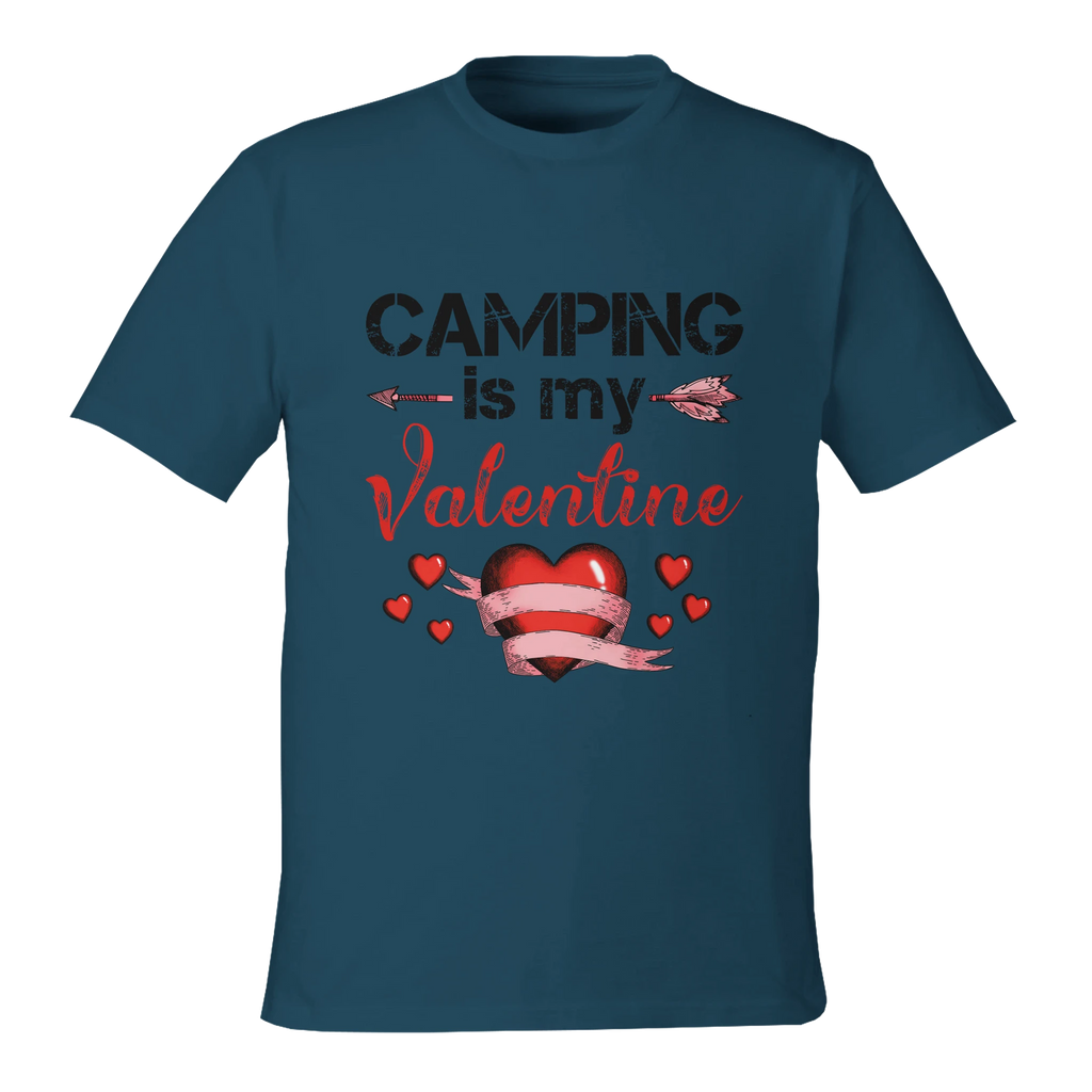 Blue t-shirt with 'Camping is my Valentine' text and heart design on a white background