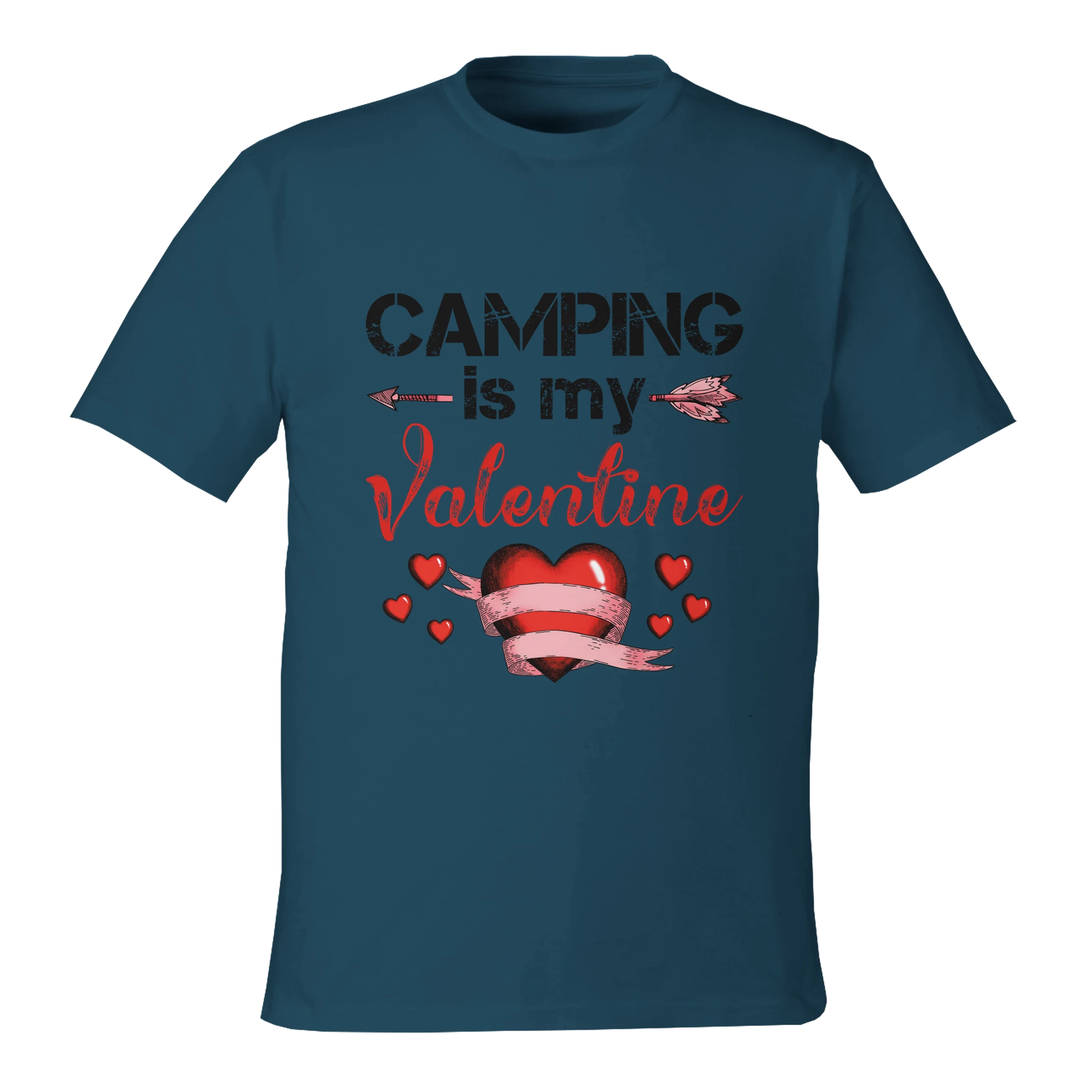 Blue t-shirt with 'Camping is my Valentine' text and heart design on a white background