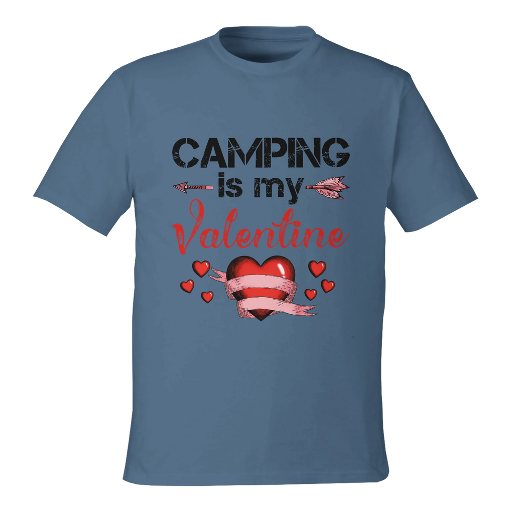 Blue t-shirt with 'Camping is my Valentine' text and heart design on a white background