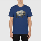 Person wearing a blue graphic tee with Yellowstone's geysers depicted within a bison silhouette