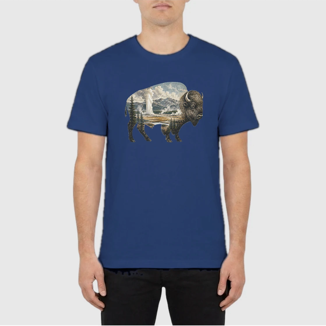 Person wearing a blue graphic tee with Yellowstone's geysers depicted within a bison silhouette