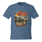 Blue t-shirt with a graphic design of a truck and camper, and text 'I'm Sexy and I Tow It' on a white background.