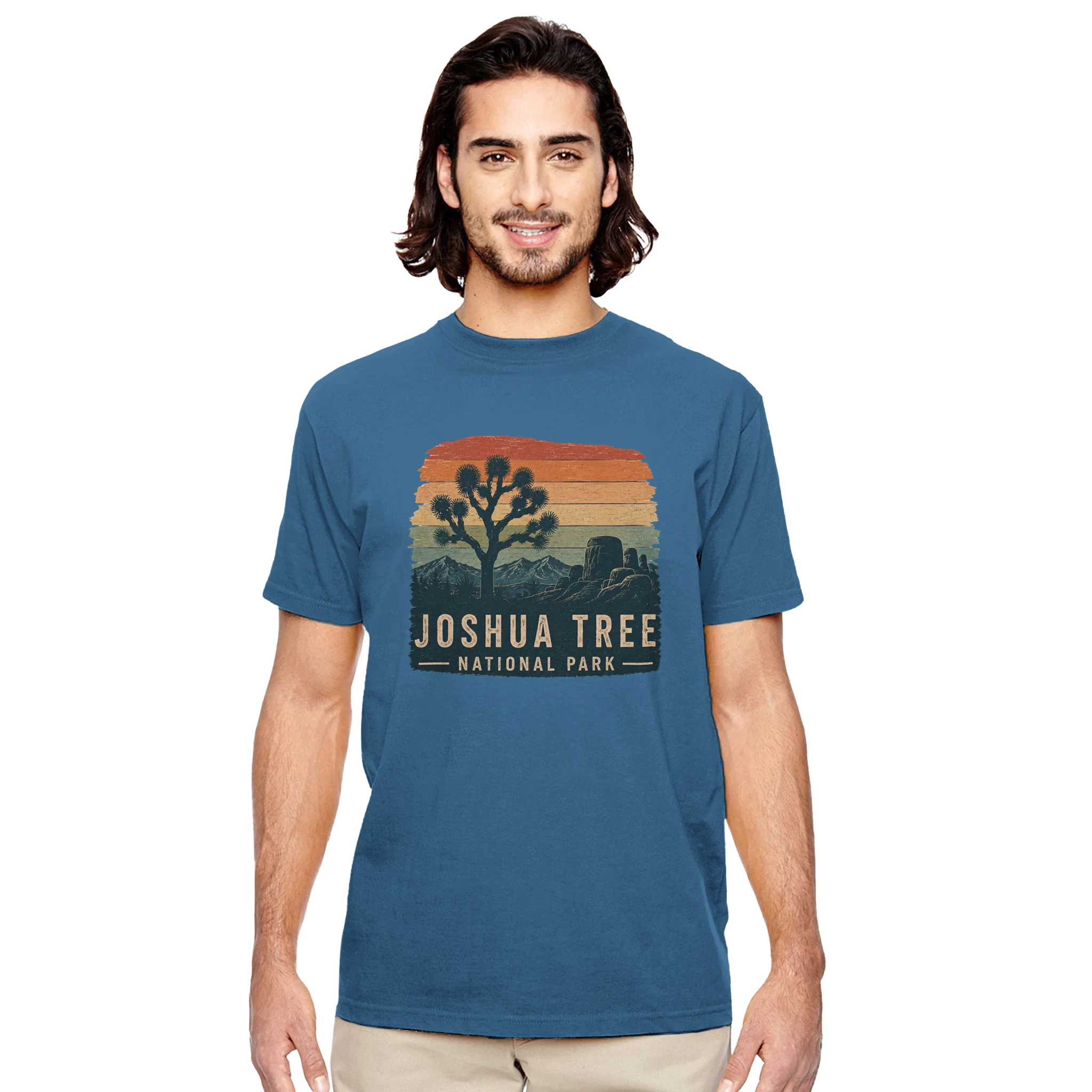 Man in a blue Joshua Tree National Park organic T-Shirt