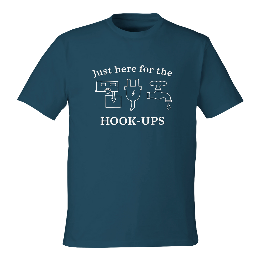 Front view of Blue eco-friendly t-shirt with RV-themed graphic reading 'Just Here for the HOOK-UPS'