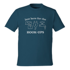 Front view of Blue eco-friendly t-shirt with RV-themed graphic reading 'Just Here for the HOOK-UPS'