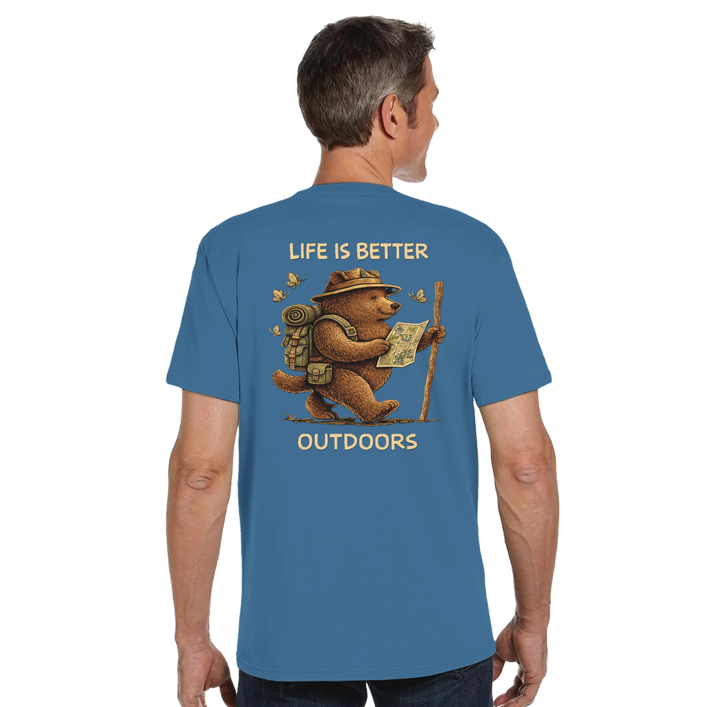 Man wearing a blue Life is Better Outdoors t-shirt with a bear graphic and text on the back, on a white background