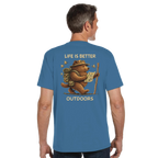 Man wearing a blue Life is Better Outdoors t-shirt with a bear graphic and text on the back, on a white background