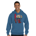 Man wearing a blue hoodie with 'LOVE' design from the Love Collection featuring a camper, on a white background