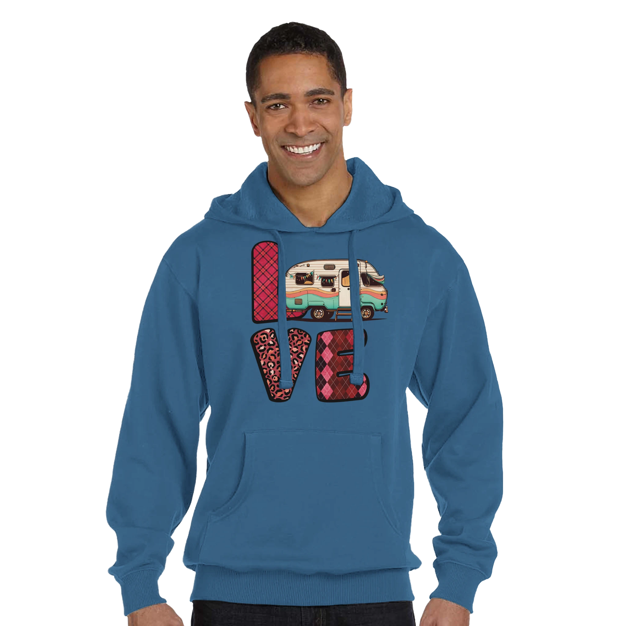 Man wearing a blue hoodie with 'LOVE' design from the Love Collection featuring a camper, on a white background