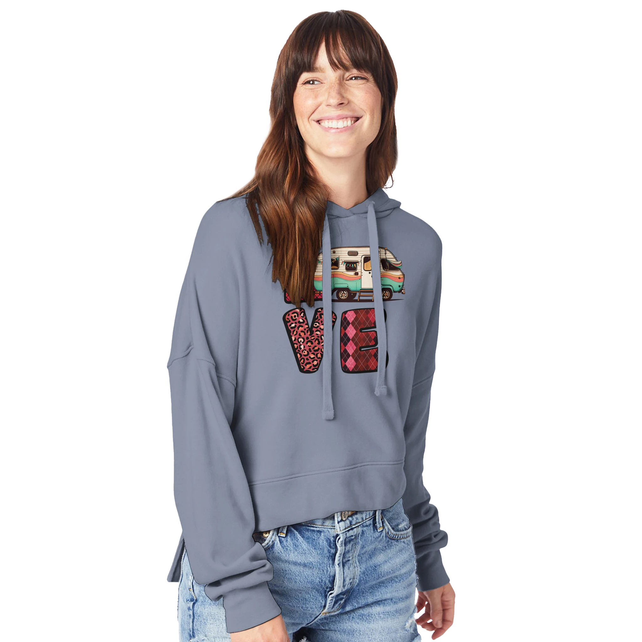 Woman wearing a gray hoodie with colorful 'LOVE' design from the Love Collection on a white background