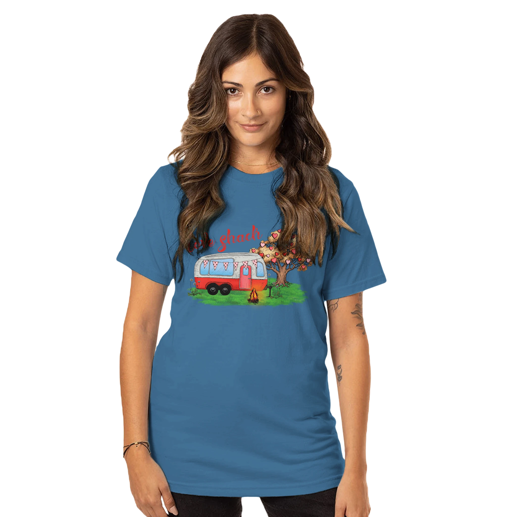 Woman wearing a blue t-shirt from the Love Collection with a graphic design on a white background