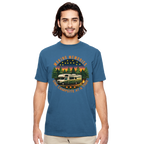 Man wearing a blue t-shirt with a camping graphic and text on a white background