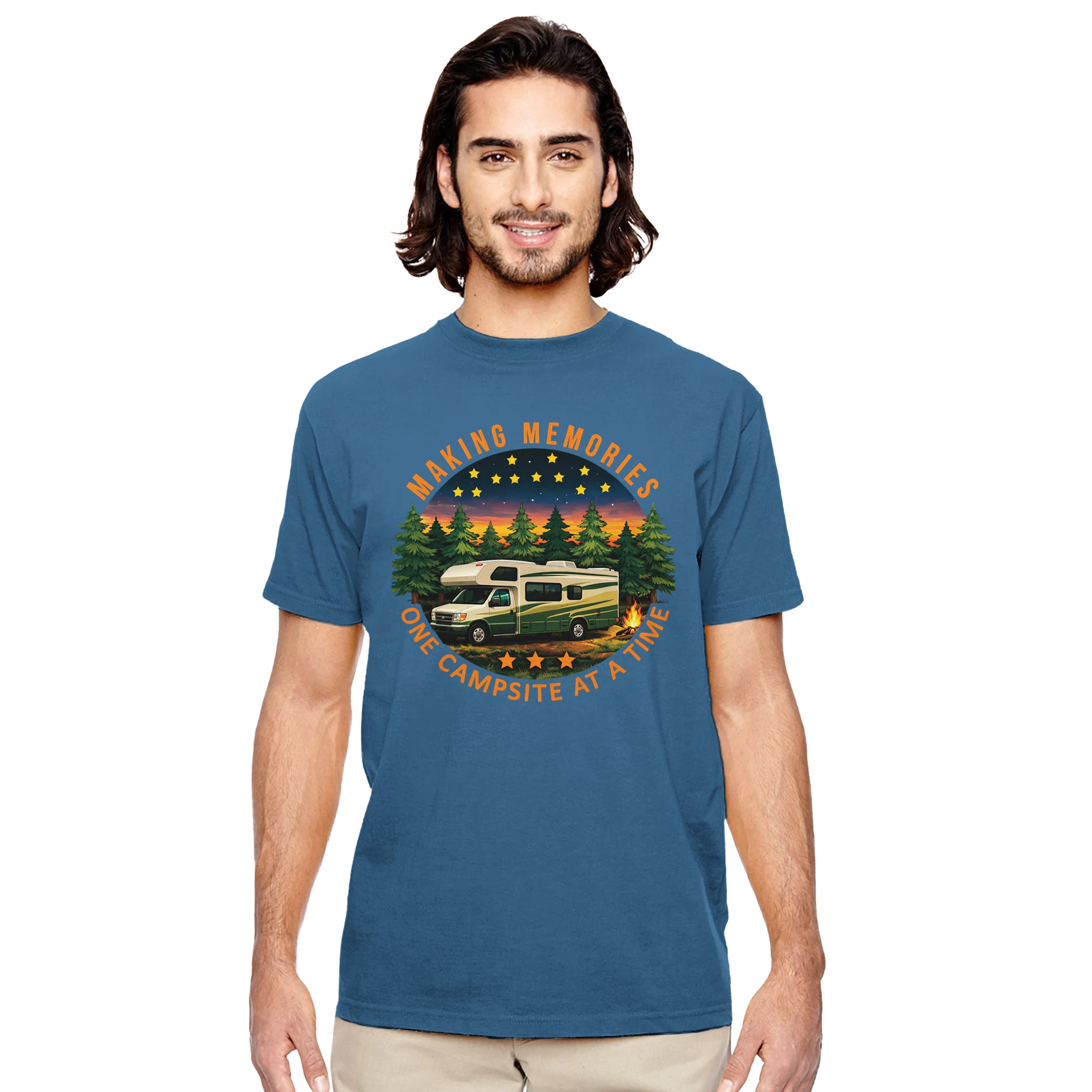 Man wearing a blue t-shirt with a camping graphic and text on a white background