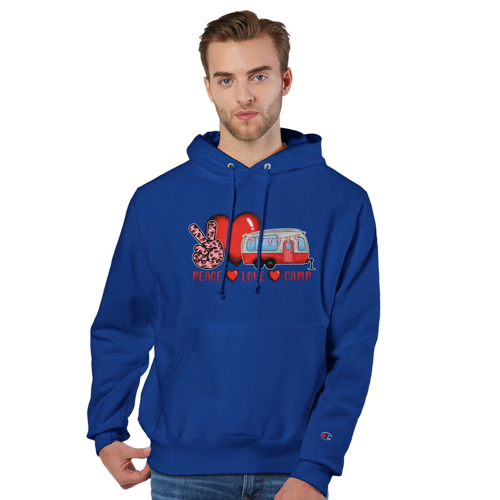 Man wearing a blue hoodie from the Love Collection with a graphic design on a white background