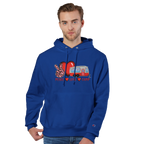 Man wearing a blue hoodie from the Love Collection with a graphic design on a white background
