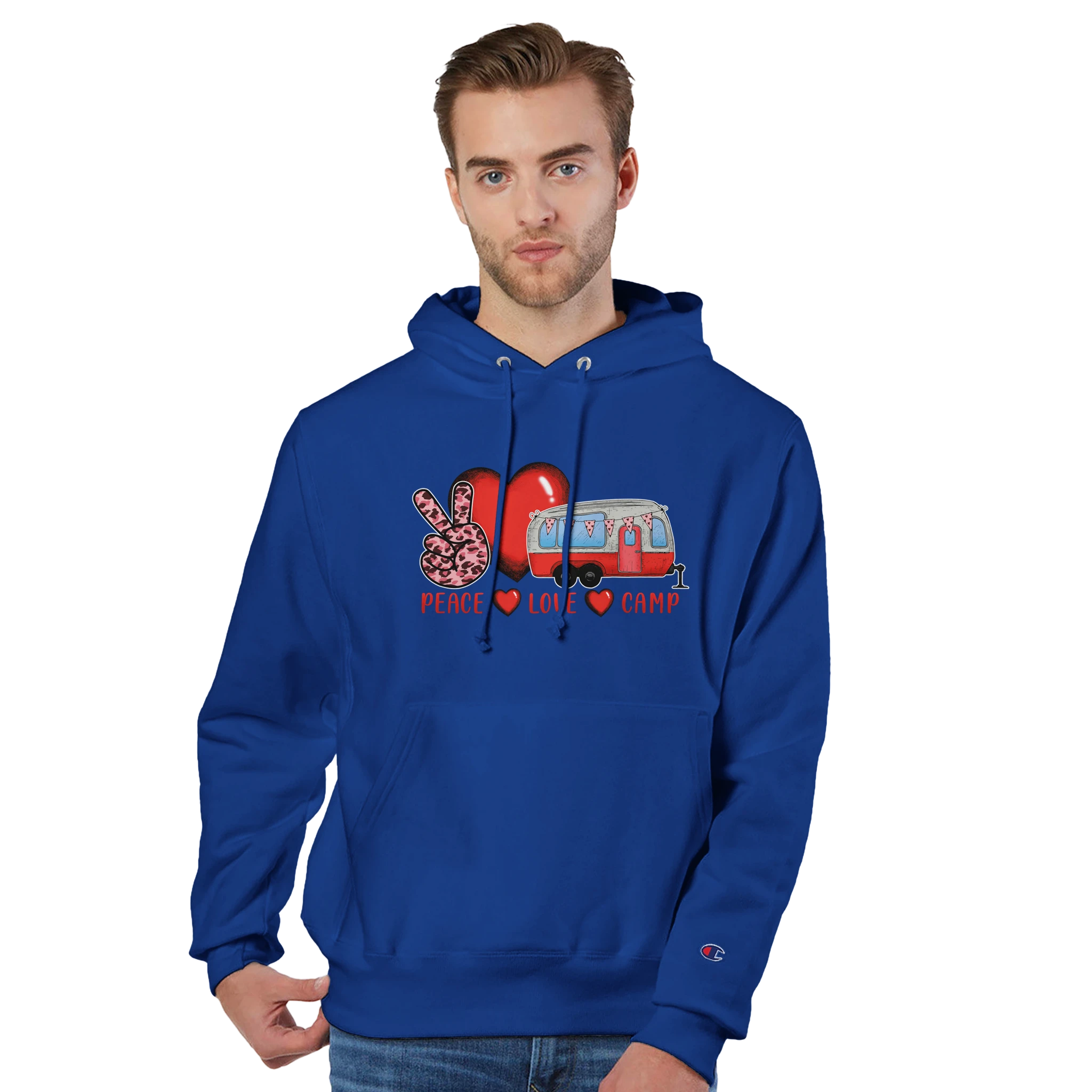 Man wearing a blue hoodie from the Love Collection with a graphic design on a white background