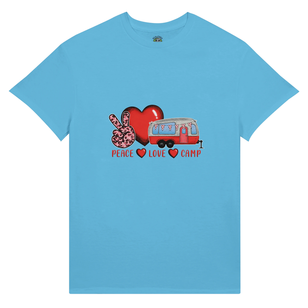 Blue t-shirt with a graphic of a heart, peace sign, and camper van from the Love Collection on a white background
