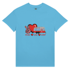 Blue t-shirt with a graphic of a heart, peace sign, and camper van from the Love Collection on a white background